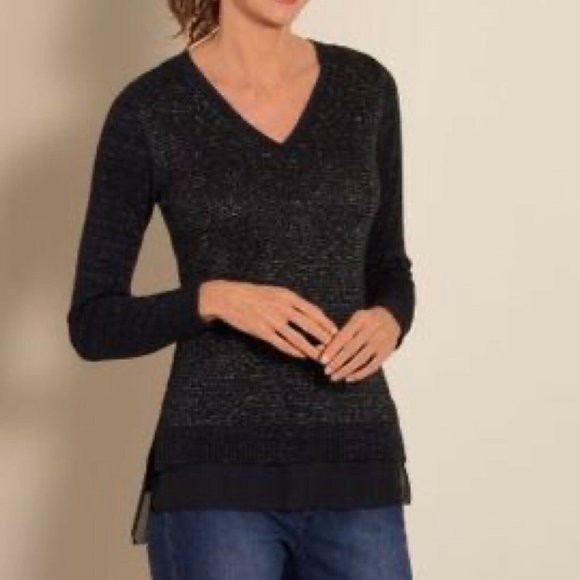 Soft Surroundings Tunic Sweater Small Black Metallic Wool Sheer Chiffon V-neck - Picture 1 of 7